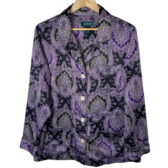 Lauren Ralph Lauren Purple Black Paisley Silky Pajama Set Size Large - Picture 2 of 13